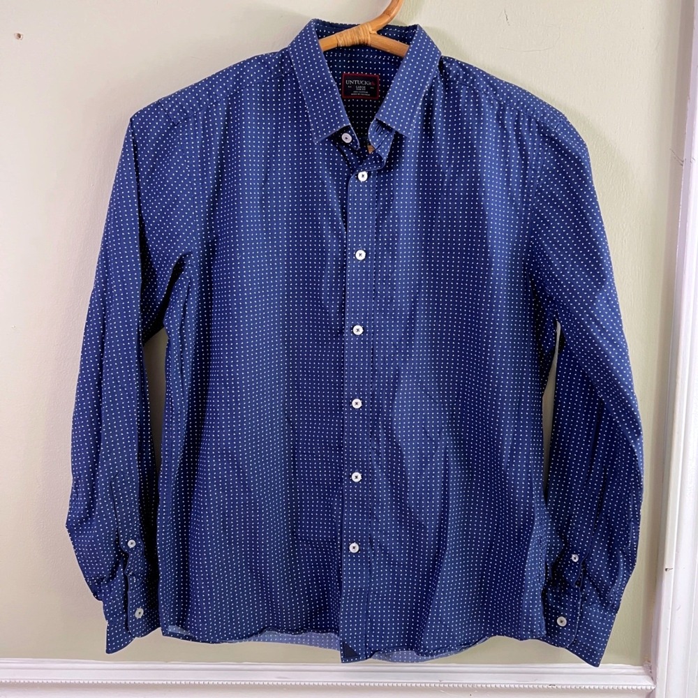 UNTUCKit Button Down Shirt Mens Large Slim Fit Triangle‎ Print Blue Long Sleeve